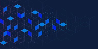 Grafik tasarım elemanı ve izometrik dijital bloklarla soyut geometrik arkaplan. Engelleme zinciri konsepti ve modern teknoloji.