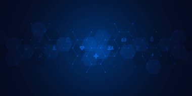 Düz simgeler ve sembollerle sağlık hizmetleri ve teknoloji kavramlarının tasviri. Sağlık sektörü için şablon tasarımı, yenilikçi tıp, bilim geçmişi, tıbbi araştırma.