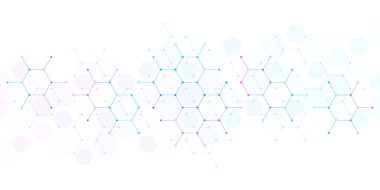 Genetik mühendisliği ve moleküler yapı, altıgen DNA ağı, bilim kimyasalı ve biyoteknoloji konsepti, yenilik teknolojisi, sağlık ve tıp tasarımı. Vektör illüstrasyonu