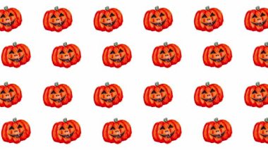 Seamless stop-motion animation of happy smiling pumpkin pattern on Halloween. A creative and joyful animated background with a repeating image of a happy Jack the Pumpkin, perfect for holiday projects, events, or spooky Halloween party invitations.