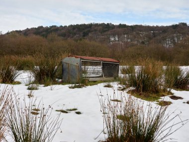 Rustic livestock feeding cage nestled in a snowy, grassy landscape near a wooded hillside. clipart