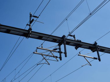 Tren yolunun üstündeki elektrik hattı mavi gökyüzü..