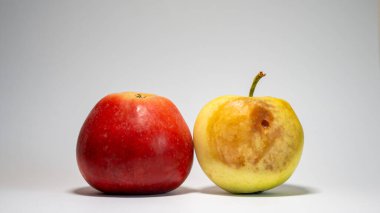 İki kırmızı elma ve bir elmanın yarısı. beyaz üzerine izole.
