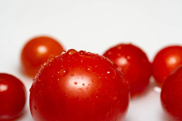 Tomates Cereja Vermelho Fresco Fundo Branco Vista Superior Espaço Cópia — Fotografia de Stock