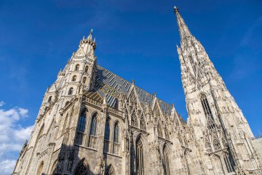 Viyana, Avusturya - 7 Temmuz 2023: Stephansplatz şehir merkezindeki ünlü St. Stephen Katedrali Wiener Stephansdom 'un güzel manzarası.