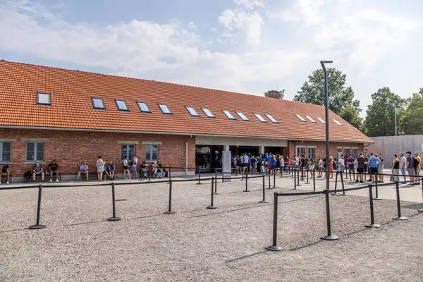stock image Auschwitz, Poland- July 16, 2023: Entrance Ticket office building at Auschwitz museum.
