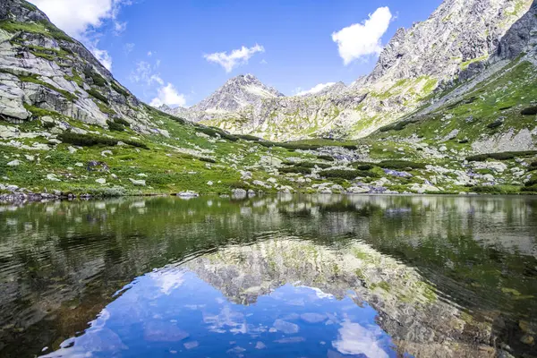 Mountain landscape in the Western Carpathians. Pond Lake Pleso nad Skokom in Mlynicka Valley, Vysoke Tatry High Tatras, Slovakia.
