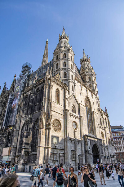 Vienna , Austria - July 7, 2023: Beautiful view of famous St. Stephen's Cathedral Wiener Stephansdom at Stephansplatz town center.