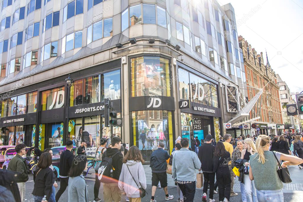 London, UK- August 6, 2023: JD Sports fashion brand store on Oxford Street, landmark retail destination.
