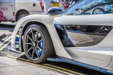 London, UK- August 19, 2023: McLaren Senna white and blue car parked in London Mayfair. clipart