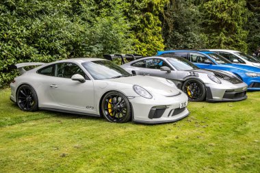 Bristol, UK- 23 Ağustos 2023: Porsche Gri GT3 ve GT3 bir araba yarışmasında yan yana..