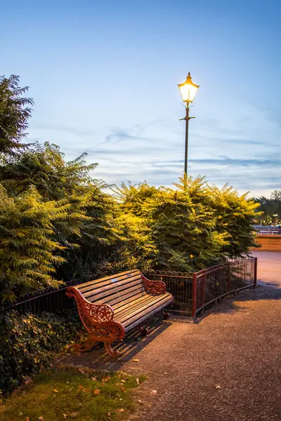 stock image Battersea park bench and lamp at dusk night.