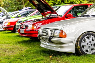 Bristol , UK - October 8, 2023: Rally Homologation Ford Escorts RS Cosworth on Display in a row at the car show. clipart