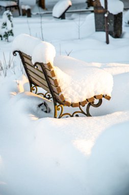 Kış kenti parkındaki banklar. Karla dolu. Karla kaplı ağaçlar.