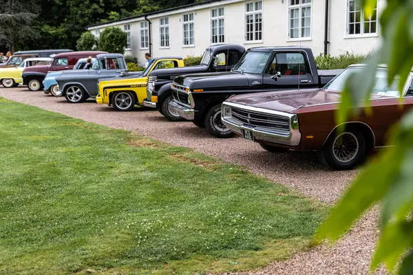 Bristol, UK- 11 Ağustos 2024: American Truck and Muscle car V8 Engine Nostalgia Retro Vintage Car Meet Show.