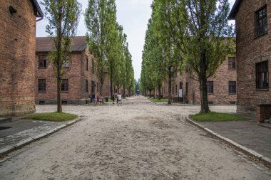 Auschwitz, Poland- 16 Temmuz 2023: Toplama kampı müzesi tarihi kırmızı tuğla binalar.