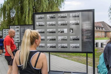 Auschwitz, Poland- 16 Temmuz 2023: Auschwitz soykırım kamplarında çocukların anneleri ve yaşlılar da dahil olmak üzere bazı ölü mahkûm resimlerinin olduğu.
