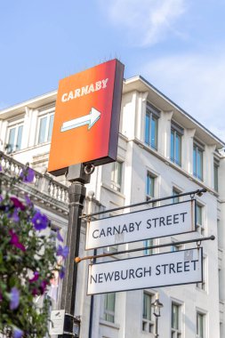 Londra, UK- 19 Eylül 2024: Carnaby Caddesi Yön Tabelaları. İkonik Carnaby Caddesi İşaret Direği.