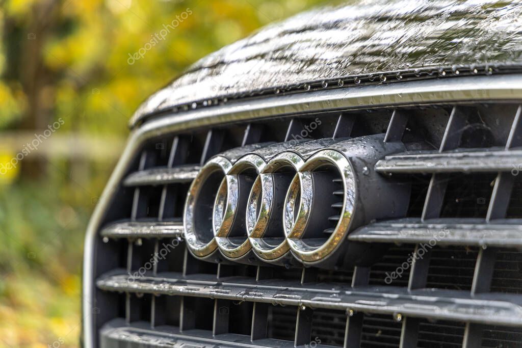 Bristol , UK - November 11, 2023: Silver Logo of an Audi on the Car Grill.