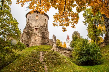 Sonbaharda ortaçağ şatosu. Sarı ve turuncu ağaçlarla çevrili taş kuleleri olan sonbahar manzarası. Letonya 'daki Cesis kalesi