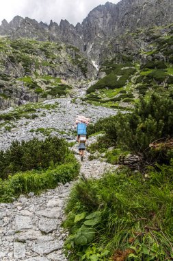 Strbske Pleso, Slovakya - 17 Temmuz 2023: Porter, Slovakya 'nın High Tatras kentindeki bir dağ evine erzak ve bakkaliye dolu ağır kutular taşıyor