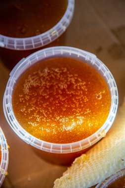 Taze Hasat Edilebilir Balı Filtrelemeden Sonra Beyaz Kova.