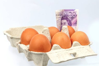 Bristol, İngiltere - 6 Eylül 2024: Bir paket yumurta içinde Sterling banknotları ile gıda enflasyonu konsepti.