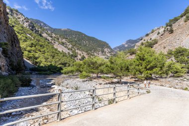Girit, Yunanistan - 18 Ekim 2024: Samarya Vadisi 'nin sonu, etkileyici uçurumlar, taş patikalar ve bereketli otlakların sergilendiği sakin sahil kasabası Agia Roumeli.