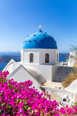 Santorini Yunanistan 'daki Ege Denizi manzaralı canlı pembe çiçekli mavi kubbeli kilise. İkonik Yunan mimarisi ve çarpıcı görünümü