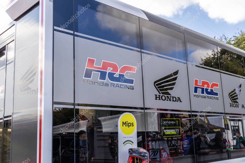 Winchester, UK- October 5, 2024: High tech Honda building displays HRC logos while housing cutting edge motocross gear near the competition circuit.