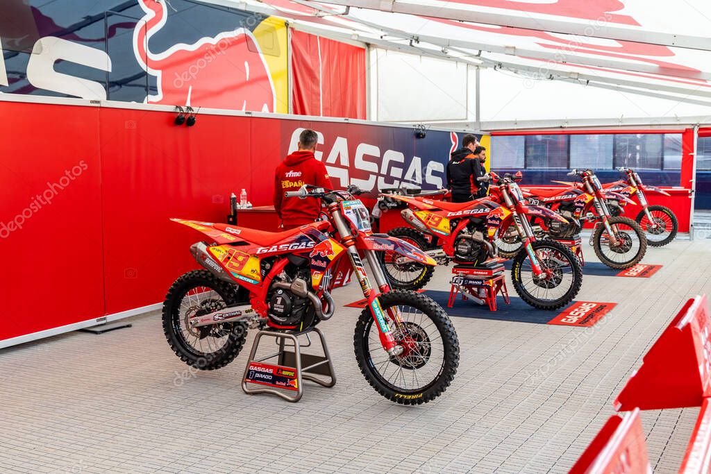 Winchester, UK- October 5, 2024: High performance motocross machines lined up for intense competition.