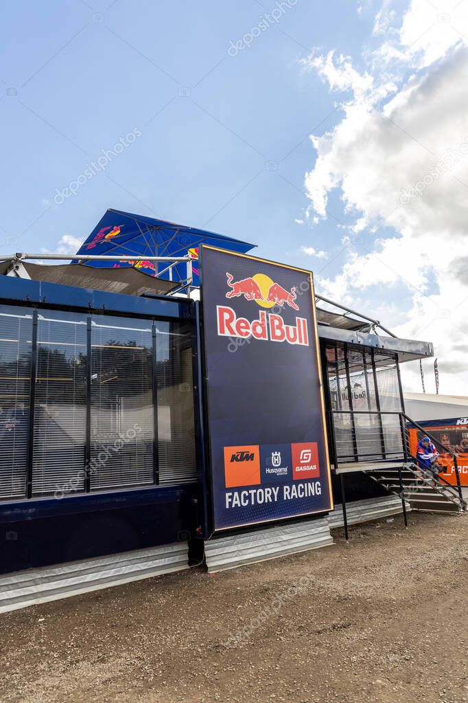 Winchester, UK- October 5, 2024: High tech Red Bull building serving as Factory Racing HQ for top motorcycle brands in an offroad competition.