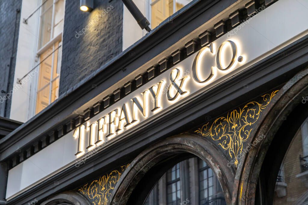 London, UK- September 19, 2024: Iconic Tiffany and Co facade in Mayfair refined signage and architectural detail.