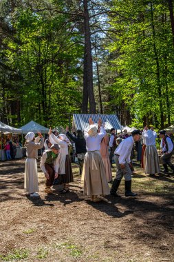 Riga, Letonya - 23 Haziran 2024: Geleneksel kostümlü Letonya halk dansları. Letonya yazı. Ligo tatili için Letonya 'nın sembolü. Letonya 'da yaz ortası