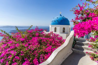 Santorini 'nin renkli bougainvillea ve panoramik Ege Denizi manzaralı parlak mavi gökyüzü altında ikonik mavi kubbeli kilisesi.