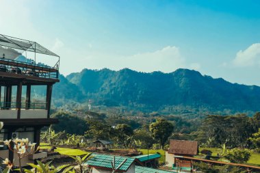 Tepeleri, pirinç tarlaları, Endonezya 'daki Saung ağaçları olan doğal manzara.