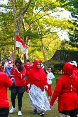 Endonezyalı kadınlar zaferi Endonezya 'nın bağımsızlık gününde bayrak sallayarak kutluyorlar.