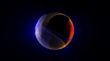 Hareket eden parçacıklardan ve cam efektli parlak çizgilerden oluşan soyut turuncu mavi küre, video 4k, 60 fps