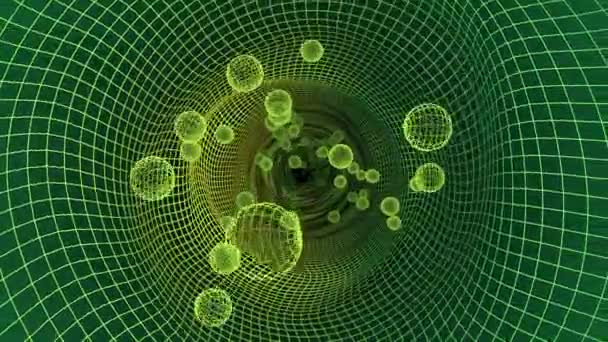 环路动画抽象绿色隧道与发光网格和飞黄球 60Fps — 图库视频影像