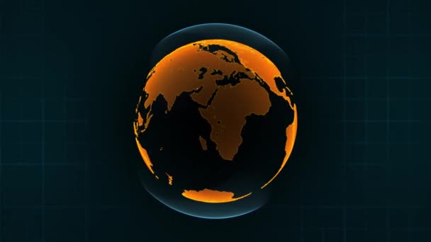 Draaiend Oranje Hologram Van Aarde Een Donkerblauwe Rasterachtergrond Lussen Video — Stockvideo