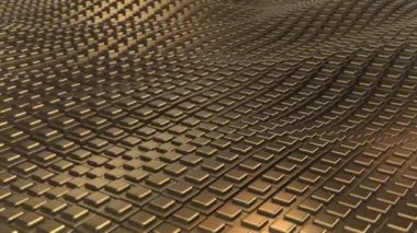 Gerçekçi yansımaları ve gölgeleri olan pürüzsüz hareket eden altın blokların soyut dalgalı alanı, 4k, 60 fps