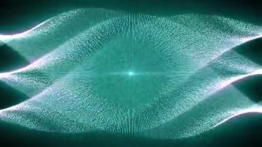 Merkezdeki bir ışık kaynağı etrafında dairesel bir alan ile parlayan mavi parçacık dalgalarının soyut bir canlandırması beyaz ışık efektli, döngülü video, 4k, 60 fps
