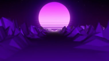 3D retro animasyon, mor bir arazide 80 'li ve 90' lı yılların sentetik dalga tarzında parlayan pembe güneşle hareket ediyor. Koyu bir arka plan, hareketli grafikler, 4k, 60 fps