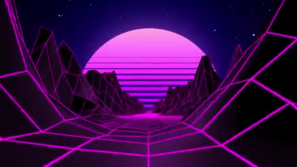 Seamless Loop Animation Moving Pink Retro Landscape Glowing Purple Sun — Stock Video