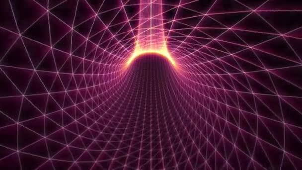Абстрактный Скринсейвер Пролетающим Сквозь Блестящий Фиолетовый Туннель Ярких Высокотехнологичных Линий — стоковое видео