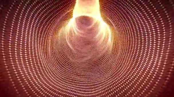 在深褐色背景 运动图形 环形视频 60Fps上 用发白 黄光的发光粒子波在抽象的热隧道中飞行的无缝环路动画 — 图库视频影像