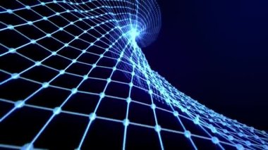 Parlak mavi kürelerden oluşan kıvrımlı dalgalı ızgara ve parlak ışık efektleriyle koyu mavi arka plan, hareket grafikleri, video 4k, 60 fps