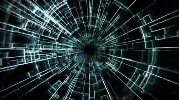 ハイテクなデジタルパターンで作られた透明なトンネルは 明るい光の効果を持つ暗い背景にランダムに変換します コンピュータサイエンスと現代技術のための抽象アニメーション ビデオ Fps — ストック動画