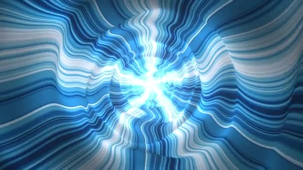 由白色和蓝色条纹组成的液体隧道 中间闪烁着明亮的光芒 数字动画的飞行通过抽象的空间与平稳形态的迷幻图案 4K视频 Fps — 图库视频影像