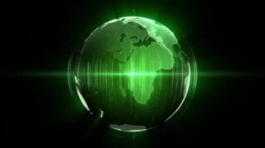 Dijital desenleri ve parlak ışık efektiyle Dünya 'nın soyut yeşil hologramı. Dünya çapında web, küresel ağ bağlantıları ve internet teknolojileri için döngü arkaplanı. Döngülü video, 4k, 60 fps
